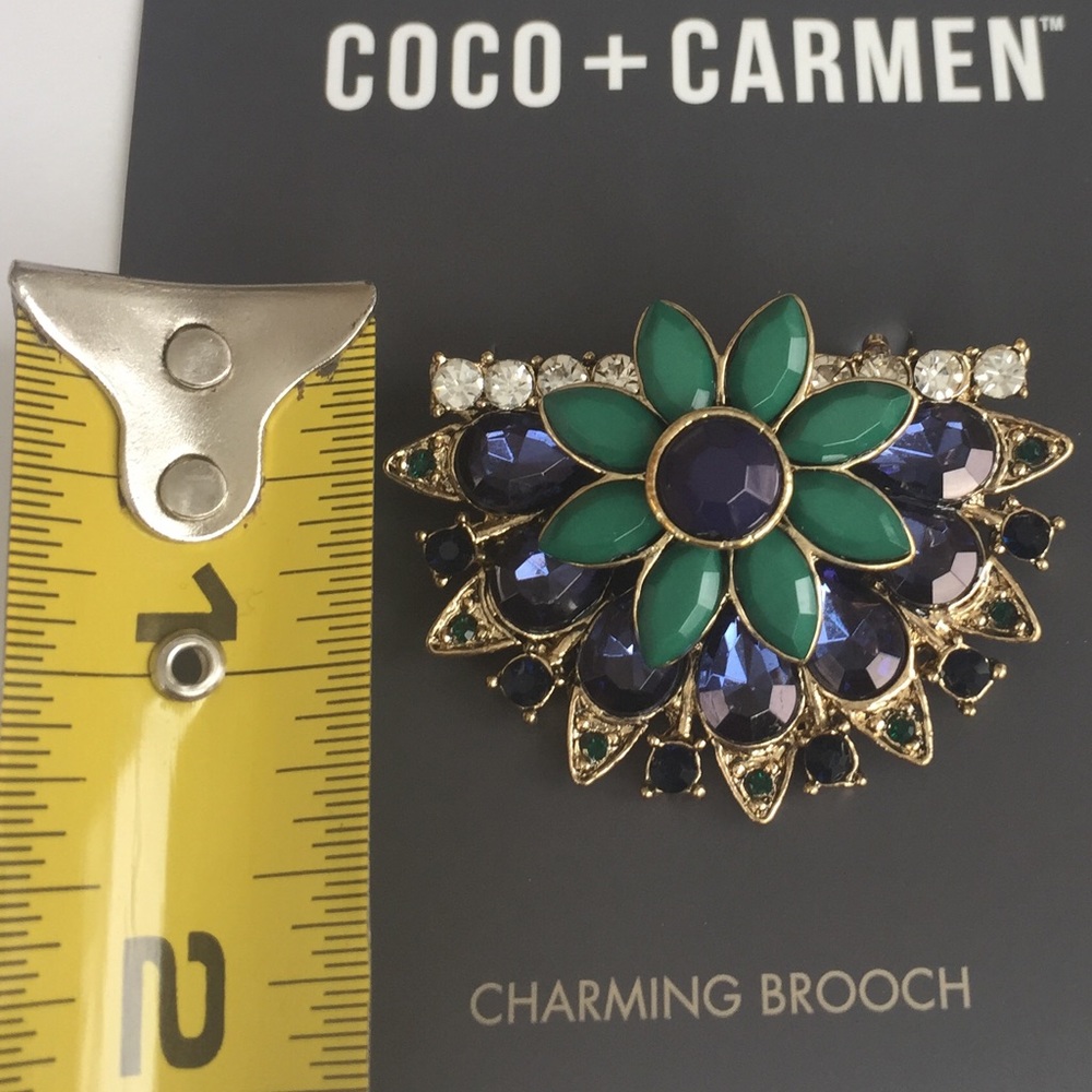 NWT Blue/ GR  Rhinestone Flower Charming Brooch - Picture 3 of 4